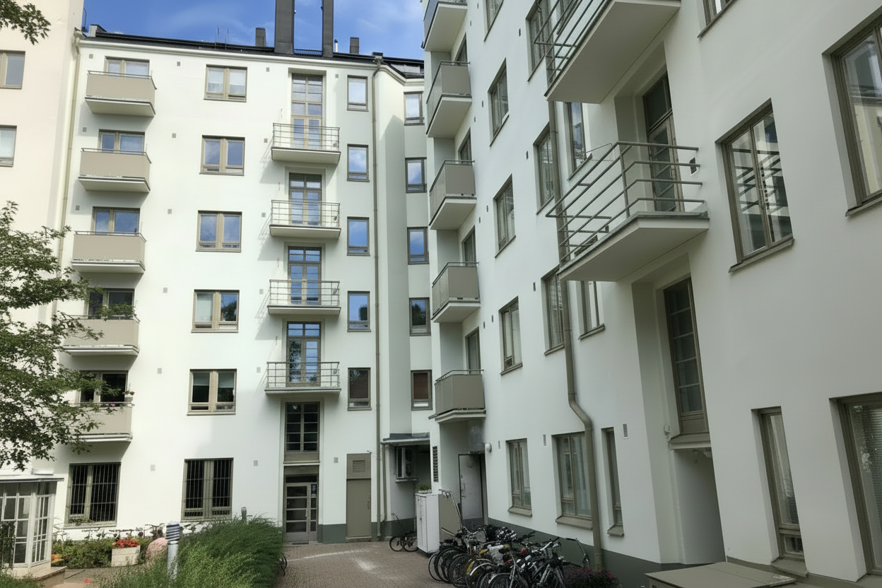 Helsingi korterelamu hele krohvitud fassaad pärast renoveerimist.